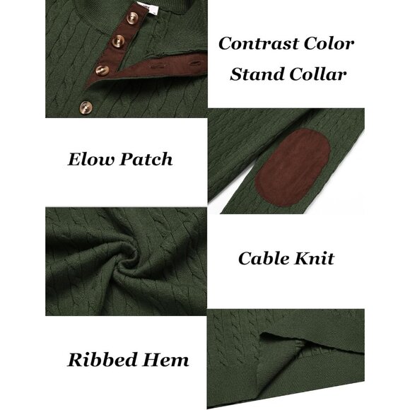 Men's Cable Knitted Pullover Sweaters Long Sleeve Stand Collar Button Up Green - Picture 6 of 6